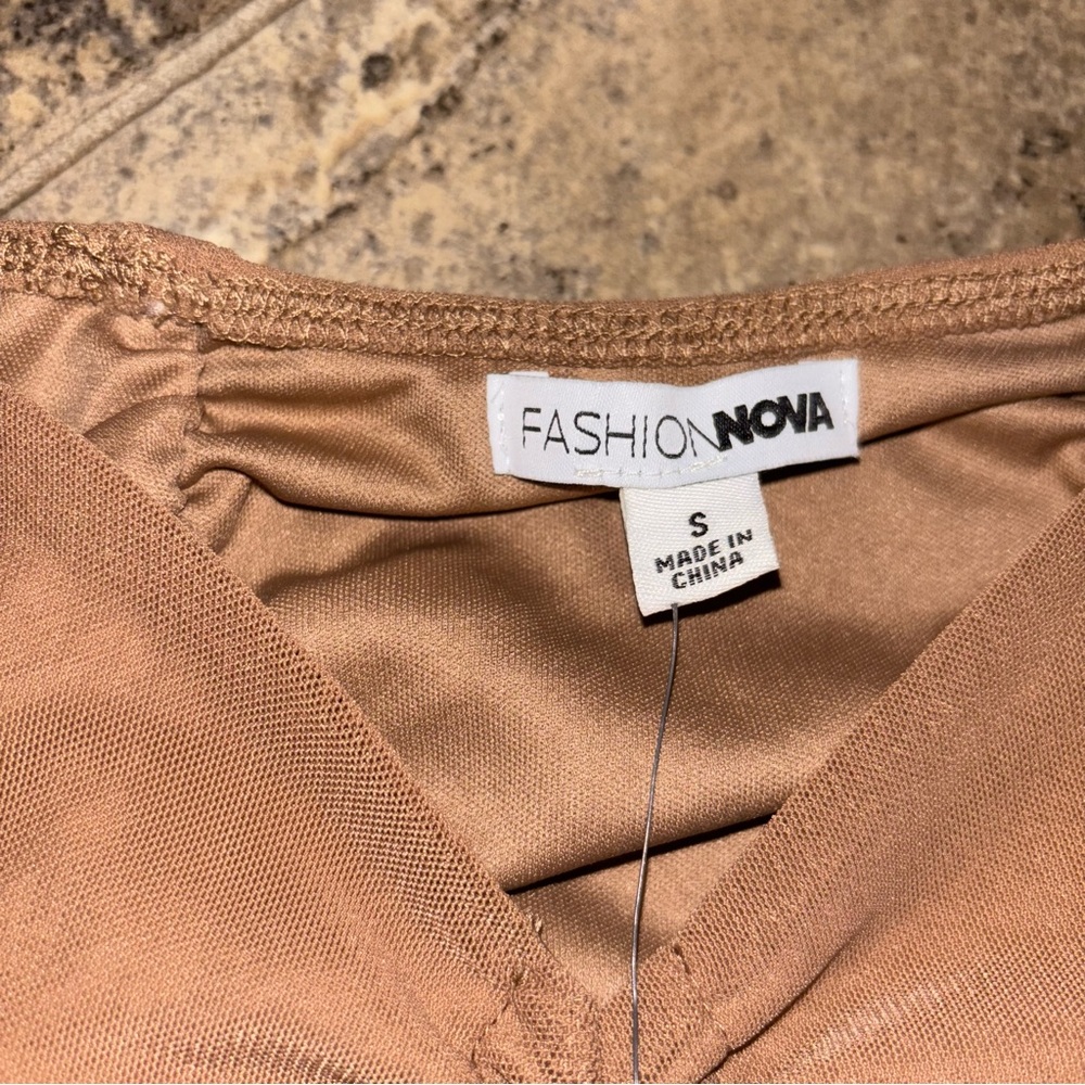 NWT Mesh Drawstring Tan Ruched Top - Picture 4 of 9